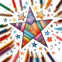 Obraz premium A colorful star illustration surrounded by various colored pencils. The star features intricate patterns and vibrant colors, creating a playful artistic scene.