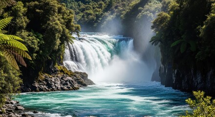 Lush waterfall cascading into turquoise river
