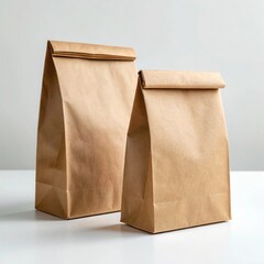 Two brown paper lunch bags standing side by side on a white surface paper bag brown bag