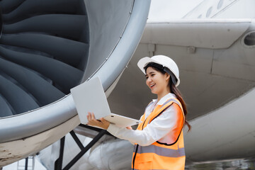 An Asian woman stands confidently in front of a jet engine,wearing a safety helmet  reflective vest,holding tablet,representing aviation engineering,safety inspection,professional roles in airline