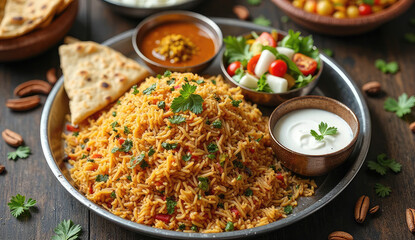 Delicious Indian Biryani with accompaniments, ready to eat.