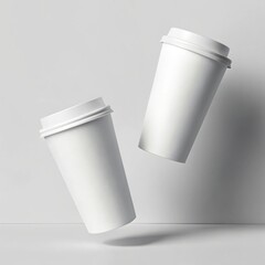 Two clean white disposable coffee cups with white lids floating against a light gray background disposable cup