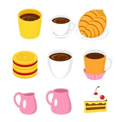Collection of delicious coffee drinks and pastries for breakfast or cafe
