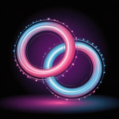 Two intertwined glowing rings with pink and blue light trails on dark purple background abstract bright