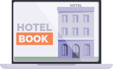 Online hotel booking service on a laptop screen showing a modern hotel building, facilitating easy and convenient travel arrangements