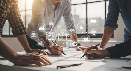 Dynamic business team collaborating on strategic plans and innovative projects, visualizing future growth and digital transformation with integrated conceptual overlays