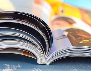 Open Magazine Close-Up on Blue Wooden Table Revealing Content Inside
