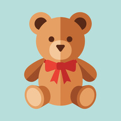 Fototapeta premium Flat-lay studio shot of a brown teddy bear wearing a red bow, sitting against a light-blue background; conveying a calm and gentle mood; simple design, vector illustration.