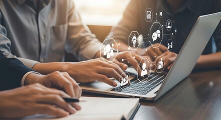 Business professionals engaging in collaborative work, leveraging digital technology and network connections for efficient data exchange and strategic planning in a modern office environment