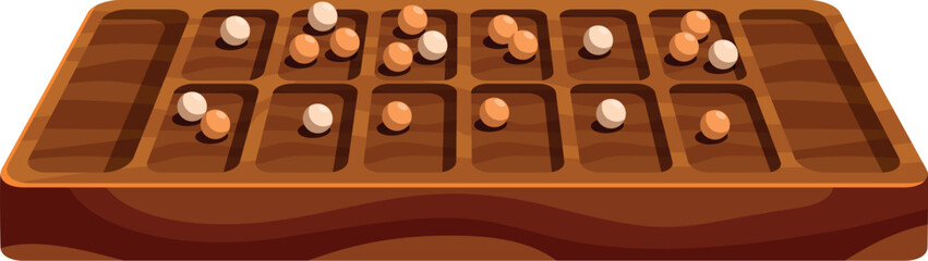 Mancala board game with small stones or beads representing playing pieces sitting in shallow holes