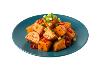 Vibrant, cubed, marinated root vegetables, garnished with scallions and chili peppers, arranged artistically on a teal plate against a black background.