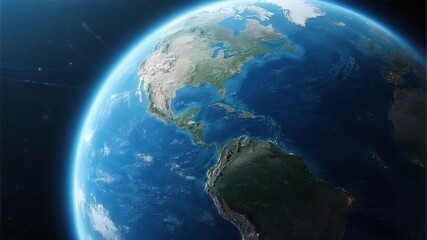 Obraz premium Close-Up View of Earth from Space with Vibrant Blue Oceans, Swirling White Clouds, and Star-Dotted Background, Symbolizing Planet Beauty and Environmental Awareness