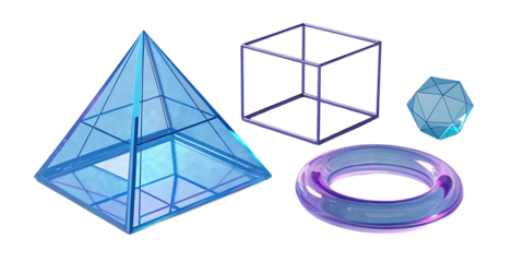 Geometric shapes pyramid cube dodecahedron torus modern digital art