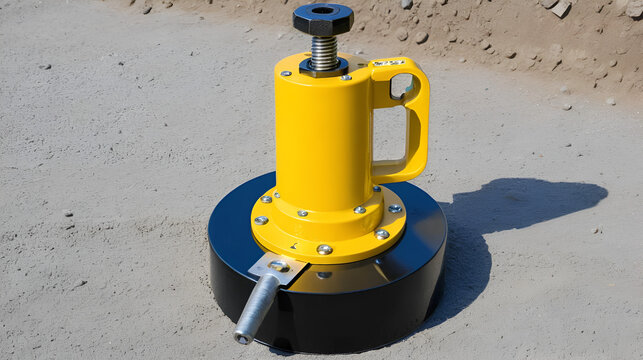 Screw jack with a wide base and safety lock pin for stabilizing heavy machinery on uneven terrain.