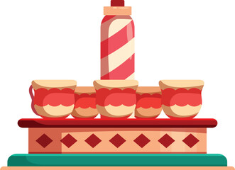 Shooting gallery game with cups and spray can standing on a platform at amusement park or carnival