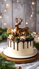 Festive Christmas cake decorated with deer figurine