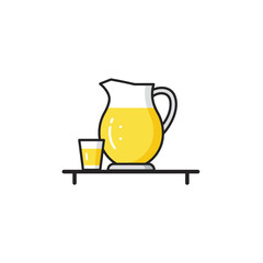 Lemonade pitcher and glass on table in minimalistic style, vector illustration. Types of drinks and refreshments. Party or picnic preparation 