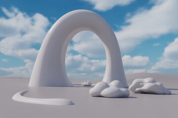 White abstract arch and cloud shapes on a pale ground against blue sky with clouds sculpture