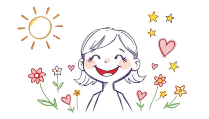 A cheerful young girl with short light hair smiles brightly. She is surrounded by colorful flowers, hearts, and stars, conveying a joyful and playful atmosphere.