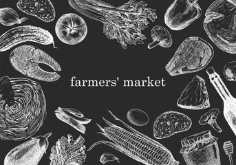 Farmers' Market. Hand-drawn illustration of Food. Ink. Vector	