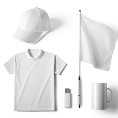 White baseball cap polo shirt U S B drive pen flag and mug arranged on white background blank mockup