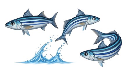 Fototapeta premium A beautiful illustration of three blue striped fish jumping from a water splash.