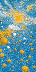 Vibrant abstract illustration of interconnected spheres forming a dynamic digital network under a bright, radiating sun-like entity, symbolizing global data flow and cosmic connectivity
