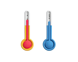 Two thermometers, one red/yellow, one blue, show different temperatures