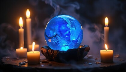 A glowing blue crystal ball surrounded by lit candles on a dark surface. Smoke swirls around, creating a mystical atmosphere.