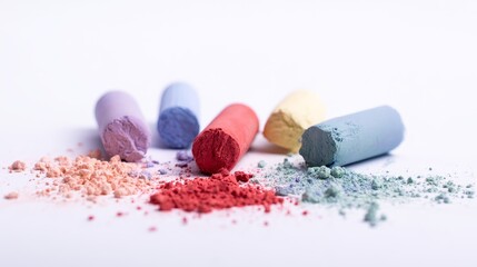 Colorful chalks in a variety of bright tones scattered on white background with chalk powder, representing education, school learning, creativity, drawing, arts, and creative teaching concept