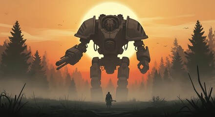 Giant Mech Facing a Figure in a Forest.