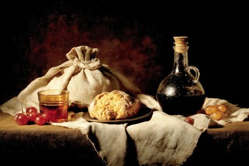 Still life with bread, wine, and fruit