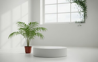 White cylindrical pedestal with green potted plant and window with vines white pedestal cylindrical display
