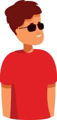 Portrait of a happy young man wearing sunglasses and a red t shirt, looking to the side