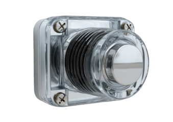 Close-up of a clear plastic enclosure with a chrome button