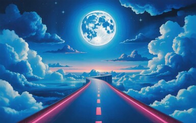 Winding road through clouds under a giant moon and starry sky highway