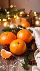 Festive tangerines on wooden surface
