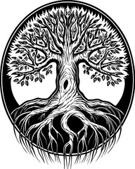 SVG tattoo for Gen Z  design inspired by traditional Japanese Irezumi (Wabori) style. Intricate Black and White Tree Design with Root and Leaf Patterns