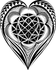 SVG tattoo for Gen Z  design inspired by traditional Japanese Irezumi (Wabori) style. Intricate Black and White Heart Design with Geometric Patterns