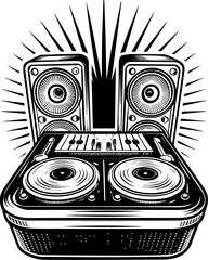 SVG tattoo for Gen Z  design inspired by traditional Japanese Irezumi (Wabori) style. Vintage DJ Turntable and Speakers with Radiant Sound Waves Design