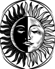 SVG tattoo for Gen Z  design inspired by traditional Japanese Irezumi (Wabori) style. Sun and Moon Illustration with Detailed Facial Features and Contrast