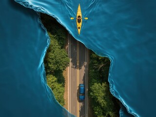 Yellow kayak floats on blue water above asphalt road with blue car and green trees canoe