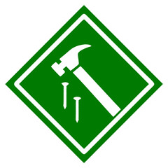 White Hammer and Screws Icon on Green Diamond Background nail tool