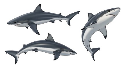 Fototapeta premium Three Realistic Sharks Swimming in Different Poses Isolated on White Background.