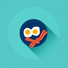 Fototapeta premium Flat lay of fried eggs and bacon on a dark blue plate with a teal background