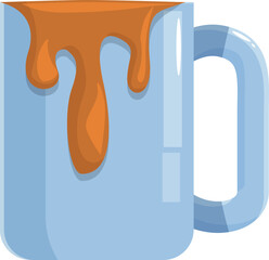 Light blue mug with dripping orange liquid, representing a messy coffee cup or similar beverage