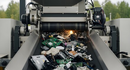Electronic Waste Shredder Machine at Recycling Plant | Industrial Conveyor Belt Processing Computer and Circuit Board Components for Sustainable Material Recovery