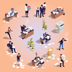 Obraz premium Isometric Overworked Stressful Office Staff Busy Workplace and Workload Illustration