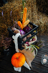 Rustic Crate with Bread, Vegetables and Pumpkin Display