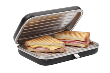 Open sandwich press with grilled ham and cheese sandwiches